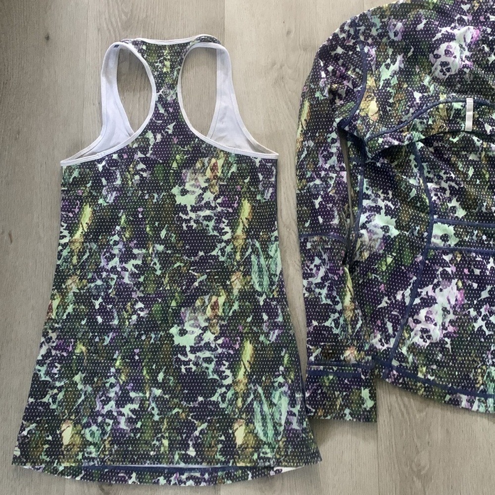 LULULEMON SET of 2 DEFINE JACKET zip AND thank top floral size 6 purple white - Picture 13 of 16